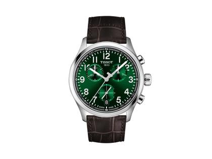 Tissot Chrono L Quarz Edelstahl 42mm grünes Zifferblatt braunes Lederband – Herrenuhren Chronograph aus Edelstahl und Leder. Das Gehäuse ist rund und grün. Das Lederarmband ist braun. Das Zifferblatt ist arabisch Index und schwarz.