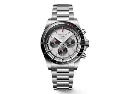 Longines Conquest Chronograph Automatik Edelstahl 42mm weißes Zifferblatt Metallband – Herrenuhren Chronograph aus Edelstahl und Keramik. Das Gehäuse ist rund und silber. Das Edelstahlarmband ist silber. Das Zifferblatt ist ein Index in weiß.