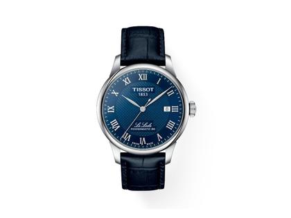 Tissot Le Locle Automatik Edelstahl 39mm blaues Zifferblatt blaues Lederband – Herrenuhren Uhr mit Datum aus Edelstahl. Das Gehäuse ist rund und silber. Das Lederarmband ist blau. Das Zifferblatt ist römisch und blau.