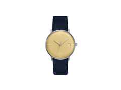 Junghans Max Bill Damen Quarz Edelstahl 32,7mm gelbes Zifferblatt blaues Lederband – Damenuhren Uhr mit Datum aus Edelstahl. Das Gehäuse ist rund und silber. Das Lederarmband ist blau. Das Zifferblatt ist ein Index in gelb.