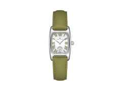 Hamilton American Classic Boulton Small Second M Quarz Edelstahl weißes Zifferblatt grünes Lederband – Herrenuhren Uhr ohne Datum aus Edelstahl und Leder. Das Gehäuse ist rechteckig und silber. Das Lederarmband ist grün. Das Zifferblatt ist römisch und weiß.