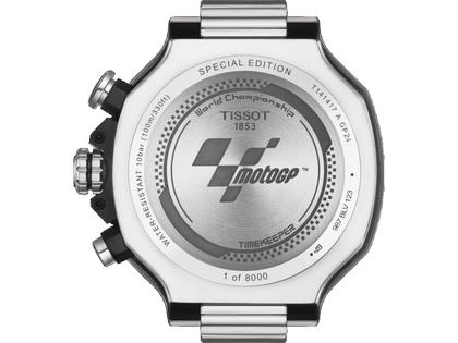 Tissot T-Race MotoGP                  2024 Chronograph Limited Edition  Quarz Edelstahl 45mm blaues Zifferblatt blaues Silikonband – Herrenuhren Chronograph aus Edelstahl. Das Gehäuse ist rund und silber. Das Kautschuk / Kunststoff / Silikon Armband ist blau. Das Zifferblatt ist arabisch Index und blau. – Ansicht 2