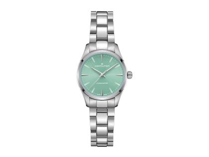 Hamilton Jazzmaster Quartz Edelstahl 32mm türkises Zifferblatt Metallband – Damenuhren Uhr ohne Datum aus Edelstahl. Das Gehäuse ist rund und silber. Das Edelstahlarmband ist silber. Das Zifferblatt ist ein Index in türkis.