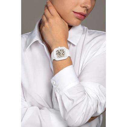 Rado True Square Automatik Keramik weiß Open Heart Keramikband – Herrenuhren Uhr ohne Datum aus Keramik. Das Gehäuse ist quadratisch und weiß. Das Keramikarmband ist weiß. Das Zifferblatt ist skelettiert und weiß. – Ansicht 2