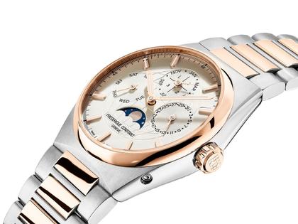 Frederique Constant Highlife Perpetual Calendar Manufacture Automatik Edelstahl Roségold-PVD 41mm silbernes Zifferblatt Metallband bicolor – Herrenuhren Uhr mit Kalender aus Edelstahl und PVD beschichtet. Das Gehäuse ist rund und silber-roségold. Das Edelstahlarmband ist silber-roségold. Das Zifferblatt ist ein Index in silber. – Ansicht 3