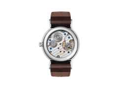 Nomos Glashütte Ludwig 33 Emailleweiß Handaufzug Edelstahl weißes Zifferblatt braunes Lederband Glasboden – Damenuhren Uhr ohne Datum aus Edelstahl. Das Gehäuse ist rund und silber. Das Lederarmband ist braun. Das Zifferblatt ist römisch Index und weiß. – Ansicht 3