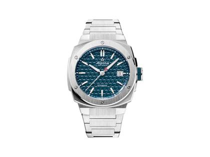 Herrenuhren Uhr mit Datum aus Edelstahl. Das Gehäuse ist rund und silber. Das Edelstahlarmband ist silber. Das Zifferblatt ist ein Index in blau.