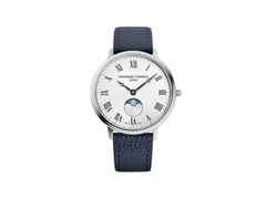 Frederique Constant Classics Moonphase Quarz Edelstahl 39mm weißes Zifferblatt blaues Lederband – Herrenuhren Uhr ohne Datum aus Edelstahl und Leder. Das Gehäuse ist rund und silber. Das Lederarmband ist blau. Das Zifferblatt ist römisch und weiß.