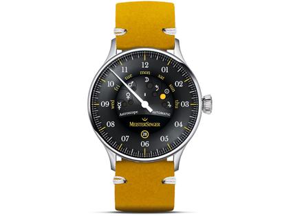 MeisterSinger Astroscope Automatik Edelstahl schwarz/gelb Limited Edition 2023 – Herrenuhren Uhr mit Datum aus Edelstahl und Leder. Das Gehäuse ist rund und silber. Das Lederarmband ist gelb. Das Zifferblatt ist arabisch und schwarz.