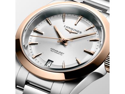 Longines Conquest Automatik Edelstahl 34mm silberfarbenes Zifferblatt Metallband – Damenuhren Uhr mit Datum aus 750 Rotgold und Edelstahl. Das Gehäuse ist rund und silber. Das Edelstahlarmband ist silber. Das Zifferblatt ist ein Index in silber. – Ansicht 5