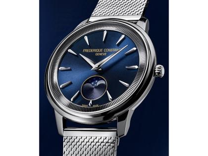 Frederique Constant Classics Moneta Moonphase Quarz Edelstahl 37mm blaues Zifferblatt Metallband – Herrenuhren Uhr ohne Datum aus Edelstahl und Leder. Das Gehäuse ist rund und silber. Das Edelstahlarmband ist silber. Das Zifferblatt ist ein Index in blau. – Ansicht 4