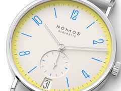 Nomos Glashütte Tangente 38 Datum "175 Years Watchmaking - Lemonbiscuit" Handaufzug Edelstahl cremeweißes Zifferblatt graues Textilband Glasboden – Herrenuhren Uhr mit Datum aus Edelstahl. Das Gehäuse ist rund und silber. Das Textilarmband ist grau. Das Zifferblatt ist arabisch Index und beige. – Ansicht 4