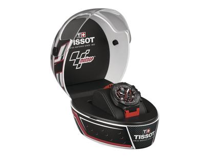 Tissot T-Race MotoGP                 2023 Chronograph Limited Edition  Quarz – Herrenuhren Chronograph aus Edelstahl und PVD beschichtet. Das Gehäuse ist rund und schwarz. Das Kautschuk / Kunststoff / Silikon Armband ist rot. Das Zifferblatt ist arabisch Index und schwarz. – Ansicht 4
