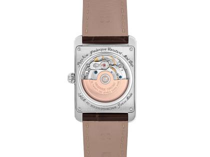 Frederique Constant Classics Carree Automatik Edelstahl 42mm roséfarbenes Zifferblatt braunes Lederband – Herrenuhren Uhr mit Datum aus Edelstahl und Leder. Das Gehäuse ist rechteckig und silber. Das Lederarmband ist braun. Das Zifferblatt ist ein Index in roségold. – Ansicht 3