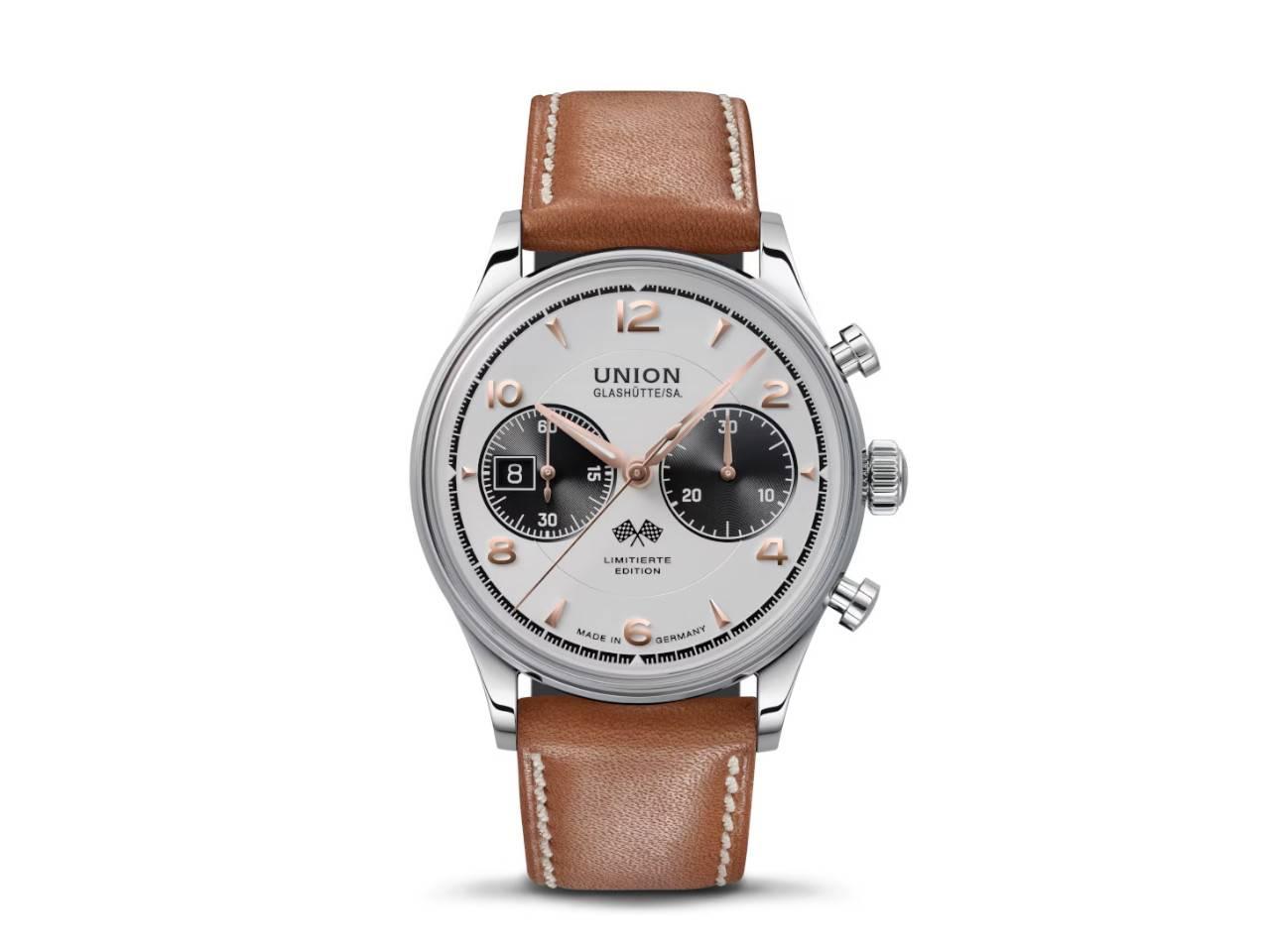 Union Glashütte Noramis Chronograph Gaisbergrennen 2023 Limitierte Edition Automatik Edelstahl 42mm silberfarbenes Zifferblatt schwarzes Lederband – Herrenuhren Chronograph aus Edelstahl. Das Gehäuse ist rund und silber. Das Lederarmband ist schwarz. Das Zifferblatt ist arabisch Index und silber. – Ansicht 2