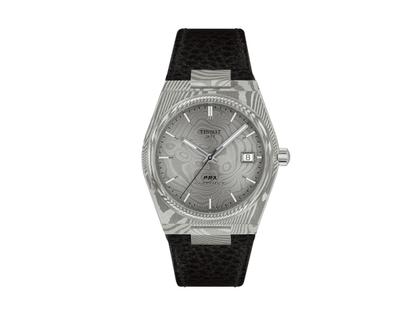 Herrenuhren Uhr mit Datum aus Damaststahl, Edelstahl und Leder. Das Gehäuse ist rund und grau. Das Lederarmband ist schwarz. Das Zifferblatt ist ein Index in grau.