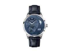 Glashütte Original PanoMaticLunar Automatik Edelstahl 40mm blaues Zifferblatt blaues Lederband – Herrenuhren Uhr mit Datum aus Edelstahl. Das Gehäuse ist rund und silber. Das Lederarmband Kroko / Alligator ist blau. Das Zifferblatt ist ein Index in blau.