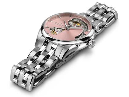 Hamilton Jazzmaster Open Heart Lady Automatik Edelstahl 36mm rosa Zifferblatt Metallband – Damenuhren Uhr ohne Datum aus Edelstahl. Das Gehäuse ist rund und silber. Das Edelstahlarmband ist silber. Das Zifferblatt ist ein Index in rosa. – Ansicht 3