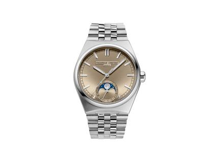 Frederique Constant Highlife Moonphase Date Manufacture Automatik Edelstahl 39mm beiges Zifferblatt Metallband und blaues Lederband – Herrenuhren Uhr mit Datum aus Edelstahl und Leder. Das Gehäuse ist rund und silber. Das Edelstahlarmband ist silber. Das Zifferblatt ist ein Index in beige.