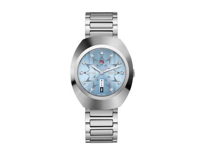 Herrenuhren Uhr mit Datum aus Edelstahl und Keramik. Das Gehäuse ist oval und silber. Das Edelstahlarmband ist silber. Das Zifferblatt ist ein Index in blau.