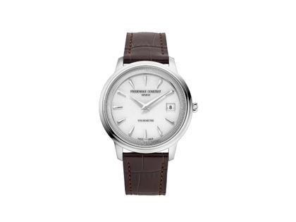 Frederique Constant Classics Moneta Solarmetre Quarz Edelstahl 39mm weißes Zifferblatt braunes Lederband und Metallband – Herrenuhren Uhr mit Datum aus Edelstahl. Das Gehäuse ist rund und silber. Das Lederarmband ist braun. Das Zifferblatt ist ein Index in weiß.