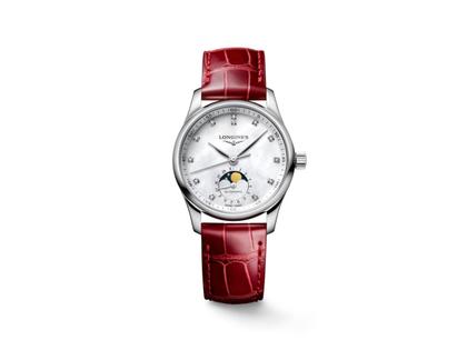 Longines Master Collection Automatik Edelstahl 34mm weißes Perlmutt-Zifferblatt mit Diamanten rotes Lederband – Damenuhren Uhr mit Datum aus Edelstahl und Leder. Das Gehäuse ist rund und silber. Das Lederarmband ist rot. Das Zifferblatt ist ein Index in weiß.