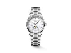 Longines Master Collection Automatik Edelstahl 34mm weißes Perlmutt-Zifferblatt mit Diamanten Metallband – Damenuhren Uhr mit Datum aus Edelstahl. Das Gehäuse ist rund und silber. Das Edelstahlarmband ist silber. Das Zifferblatt ist ein Index in weiß.
