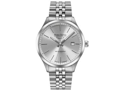 Bruno Söhnle Glashütte Turin II Big Quarz Edelstahl 41mm silbernes Zifferblatt Metallband – Herrenuhren Uhr mit Datum aus Edelstahl. Das Gehäuse ist rund und silber. Das Edelstahlarmband ist silber. Das Zifferblatt ist ein Index in silber.