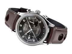 Union Glashütte Noramis Chronograph Sachsen Classic 2022 Limited Edition Automatik Edelstahl 42mm graues Zifferblatt braunes Lederband – Herrenuhren Chronograph aus Edelstahl. Das Gehäuse ist rund und silber. Das Lederarmband ist braun. Das Zifferblatt ist arabisch Index und grau. – Ansicht 2