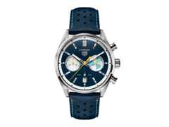 TAG Heuer Carrera Chronograph Limited Edition Automatik Edelstahl 42mm blaues Zifferblatt blaues Lederband – Herrenuhren Chronograph aus Edelstahl und Leder. Das Gehäuse ist rund und silber. Das Lederarmband ist blau. Das Zifferblatt ist ein Index in blau.