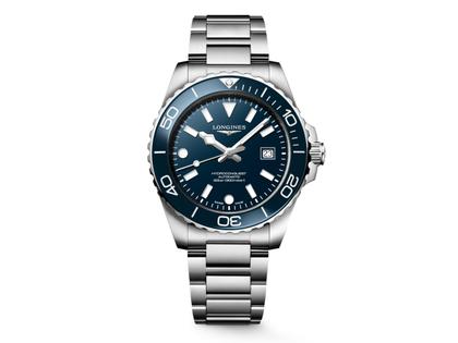 Longines HydroConquest Automatik Edelstahl 42mm blaues Zifferblatt Metallband – Herrenuhren Uhr mit Datum aus Edelstahl. Das Gehäuse ist rund und silber. Das Edelstahlarmband ist silber. Das Zifferblatt ist ein Index in blau.