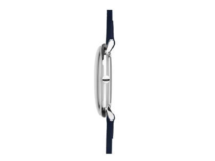 Junghans Max Bill Damen Quarz Edelstahl 32,7mm gelbes Zifferblatt blaues Lederband – Damenuhren Uhr mit Datum aus Edelstahl. Das Gehäuse ist rund und silber. Das Lederarmband ist blau. Das Zifferblatt ist ein Index in gelb. – Ansicht 3