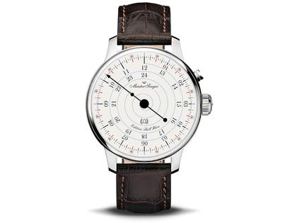 MeisterSinger Bell Hora Jubiläumsedition Edelstahl weißes Zifferblatt Lederband – Herrenuhren Uhr ohne Datum aus Edelstahl und Leder. Das Gehäuse ist rund und silber. Das Lederarmband ist braun. Das Zifferblatt ist arabisch und weiß.