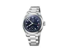 Oris Big Crown Pointer Date Calibre 403 Automatik Edelstahl 38mm blaues Zifferblatt Metallband – Herrenuhren Uhr mit Datum aus Edelstahl. Das Gehäuse ist rund und silber. Das Edelstahlarmband ist silber. Das Zifferblatt ist arabisch und blau.