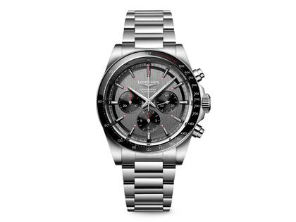 Herrenuhren Chronograph aus Edelstahl und Keramik. Das Gehäuse ist rund und silber. Das Edelstahlarmband ist silber. Das Zifferblatt ist ein Index in anthrazit.