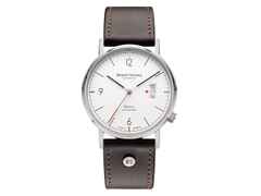 Bruno Söhnle Glashütte Rondo Herrenuhr   Automatik Edelstahl weißes Zifferblatt braunes Lederband – Herrenuhren Uhr mit Datum aus Edelstahl. Das Gehäuse ist rund und silber. Das Lederarmband ist braun. Das Zifferblatt ist arabisch Index und weiß. – Ansicht 4