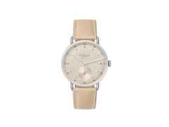 Nomos Glashütte Metro neomatik 35 Champagner Automatik Edelstahl 35mm beiges Zifferblatt beiges Lederband – Damenuhren Uhr ohne Datum aus Edelstahl. Das Gehäuse ist rund und silber. Das Lederarmband ist braun. Das Zifferblatt ist arabisch Index und beige.