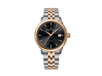 Maurice Lacroix 1975 Automatik Edelstahl 40mm schwarzes Zifferblatt zweifarbiges Metallband – Herrenuhren Uhr mit Datum aus Edelstahl und PVD beschichtet. Das Gehäuse ist rund und silber. Das Edelstahlarmband ist silber-roségold. Das Zifferblatt ist ein Index in schwarz.