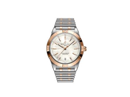 Breitling Chronomat Automatic 36 Edelstahl weißes Zifferblatt zweifarbiges Metallband – Damenuhren Uhr mit Datum aus 750 Rotgold und Edelstahl. Das Gehäuse ist rund und silber-roségold. Das Edelstahlarmband mit Gold ist silber-roségold. Das Zifferblatt ist ein Index in weiß.
