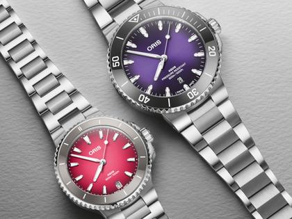 Oris Aquis Date Taste of Summer Automatik Edelstahl 43,5mm violettes Zifferblatt Metallband – Herrenuhren Uhr mit Datum aus Edelstahl und Keramik. Das Gehäuse ist rund und silber. Das Edelstahlarmband ist silber. Das Zifferblatt ist ein Index in lila. – Ansicht 3