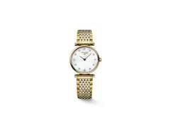 Longines La Grande Classique Quarz Edelstahl Gelbgold-PVD 24mm weißes Perlmutt-Zifferblatt mit Diamanten Metallband – Damenuhren Uhr ohne Datum aus Edelstahl und PVD beschichtet. Das Armband ist ein Edelstahlarmband. Der Zifferblatt ist ein Index.