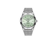 Breitling Chronomat Automatic 36 Edelstahl grünes Zifferblatt Metallband – Damenuhren Uhr mit Datum aus Edelstahl.