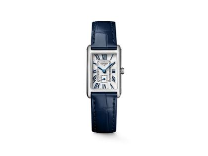 Longines DolceVita Quarz Edelstahl 21x32mm silbernes Zifferblatt blaues Lederband – Damenuhren Uhr ohne Datum aus Edelstahl und Leder. Das Gehäuse ist rechteckig und silber. Das Lederarmband ist blau. Das Zifferblatt ist römisch und silber.
