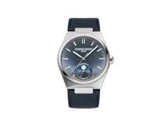 Frederique Constant Highlife Moonphase Date Manufacture Automatik Edelstahl 39mm blaues Zifferblatt Metallband und blaues Lederband – Herrenuhren Uhr mit Datum aus Edelstahl und Leder. Das Gehäuse ist rund und silber. Das Edelstahlarmband ist silber. Das Zifferblatt ist ein Index in blau. – Ansicht 4