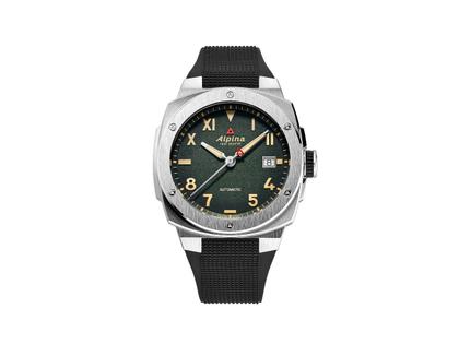 Alpina Alpiner Extreme Automatik Edelstahl 39mm California grünes Zifferblatt schwarzes Kautschukband – Herrenuhren Uhr mit Datum aus Edelstahl, Kautschuk und Titan. Das Gehäuse ist rund und silber. Das Kautschuk / Kunststoff / Silikon Armband ist schwarz. Das Zifferblatt ist ein Index in grün.