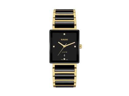 Damenuhren Uhr mit Datum aus Edelstahl, Keramik und PVD beschichtet. Das Gehäuse ist rechteckig und gelbgold. Das Keramikarmband ist schwarz. Das Zifferblatt ist ein Index in schwarz.