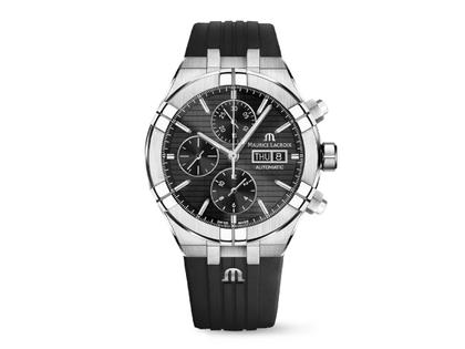 Maurice Lacroix Aikon Chronograph Automatik Edelstahl 44mm schwarzes Zifferblatt schwarzes Kautschukband – Herrenuhren Chronograph aus Edelstahl und Kautschuk. Das Gehäuse ist rund und silber. Das Kautschuk / Kunststoff / Silikon Armband ist schwarz. Das Zifferblatt ist ein Index in schwarz.