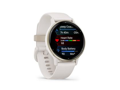 Garmin vívoactive 5 faserverstärktes Polymer elfenbein-/cremgoldfarben 42mm elfenbeinfarbenes Kautschukband – Damenuhren Uhr Multifunktion aus eloxiertes Aluminium, Kautschuk, Kunststoff und PVD beschichtet. Das Gehäuse ist rund und elfenbein. Das Kautschuk / Kunststoff / Silikon Armband ist elfenbein. Der Zifferblatt ist digital. – Ansicht 7