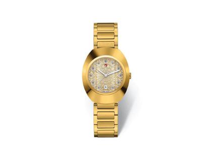 Damenuhren Uhr mit Datum aus Edelstahl, Keramik und PVD beschichtet. Das Gehäuse ist oval und gelbgold. Das Edelstahlarmband ist gelbgold. Das Zifferblatt ist ein Index in gelbgold.