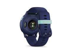 Garmin vívoactive 5 faserverstärktes Polymer marineblau 42mm marineblaues Kautschukband – Damenuhren Uhr Multifunktion aus eloxiertes Aluminium, Kautschuk, Kunststoff und PVD beschichtet. Das Gehäuse ist rund und blau. Das Kautschuk / Kunststoff / Silikon Armband ist blau. Der Zifferblatt ist digital. – Ansicht 5